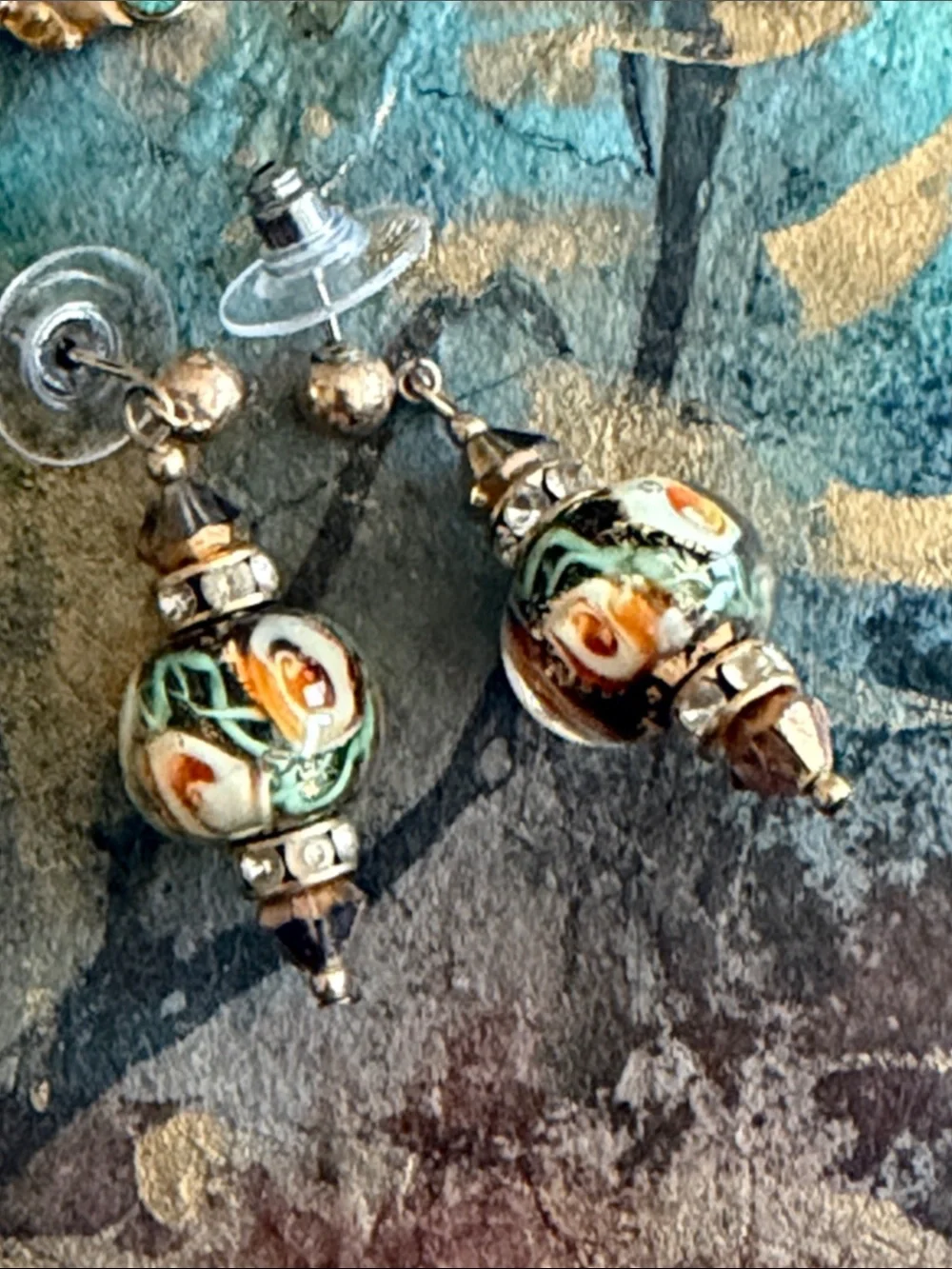 Handmade blown glass orange flowers crystal rhondelles posts pierced earrings
